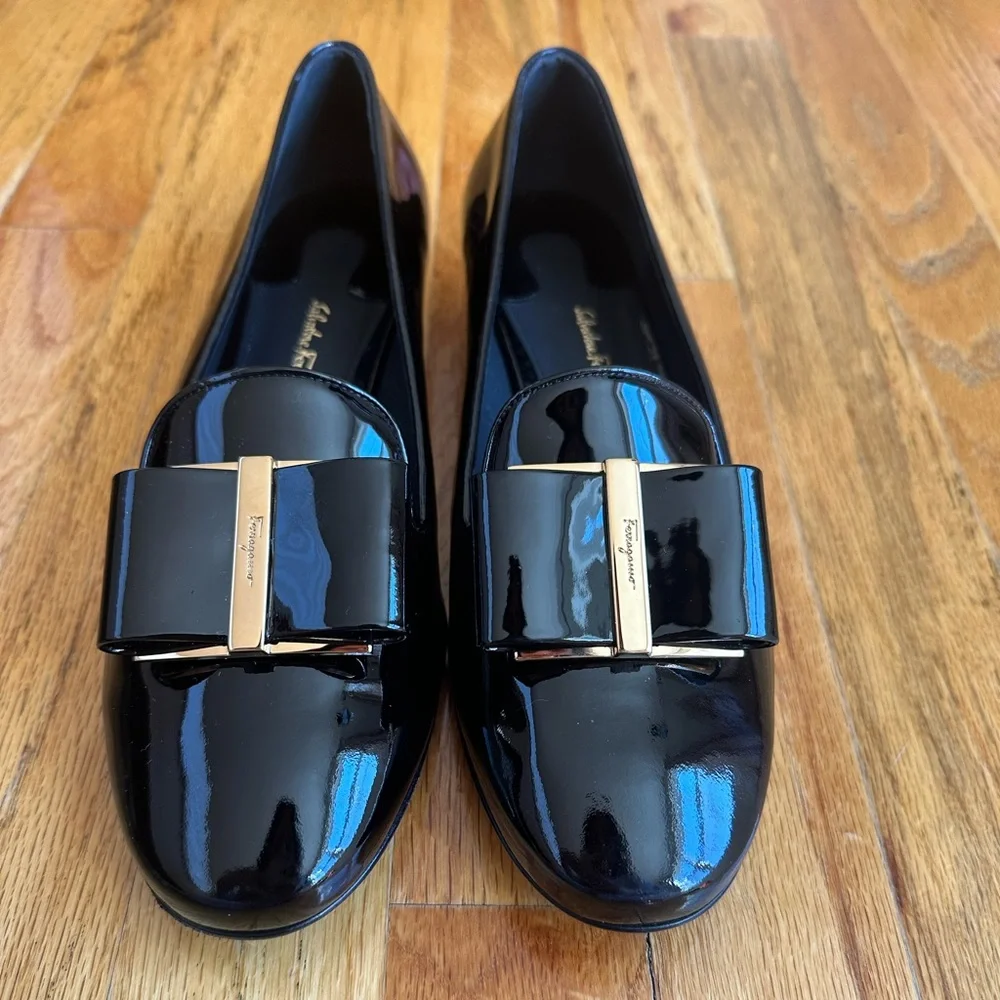 Salvatore Ferragamo Black Patent Leather Loafers with Gold Buckle - Picture 3 of 7